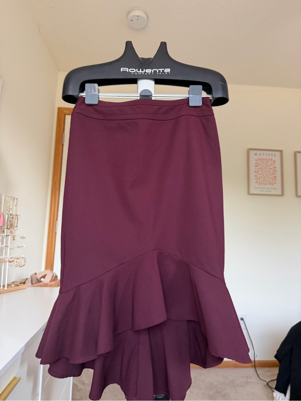 New York & Company Burgundy High-Low Ruffle Hem Skirt. Plum color